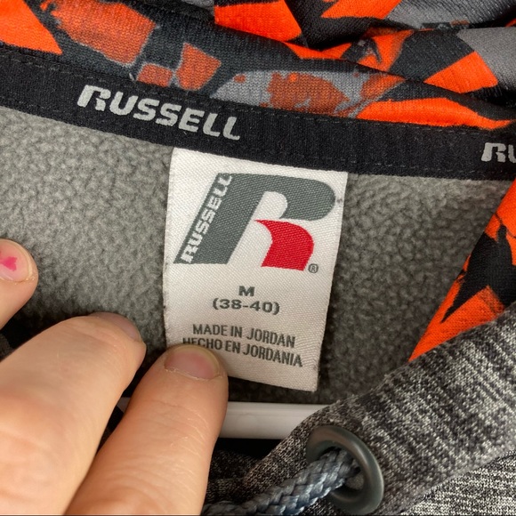 Russell Athletic Men’s Gray Hoodie Size M Fleece Lined Orange Camo Hood - Picture 8 of 15